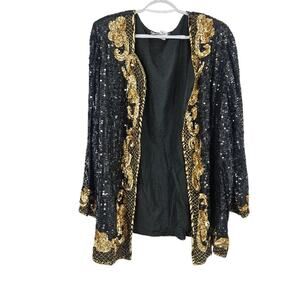 Vintage Midnight Run Jacket Black Gold Silk Sequin Beaded Cocktail Party Size S